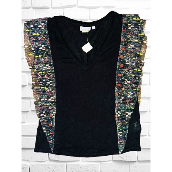 Anthropologie Vanessa Virginia Women’s Small Black Ruffled Sleeve Blouse •V-Neck - Picture 2 of 16